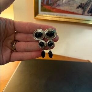 Silver and Black Oval Drop Earrings